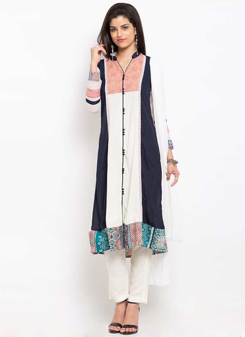 White N Navy Blue Anarkali Suit After Six Wear