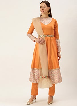 White N Orange Anarkali Suit Set