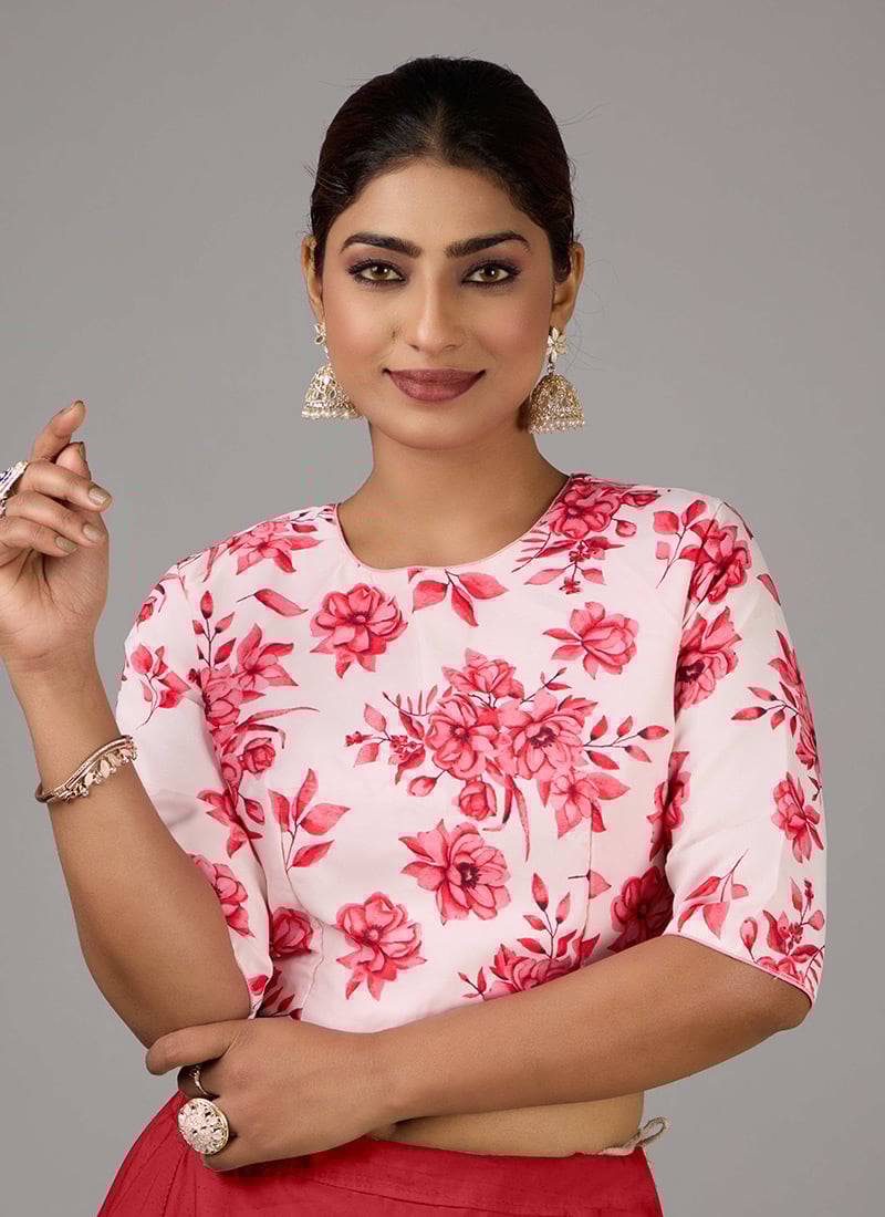 White N Pink Satin Blend Digital Printed Blouse