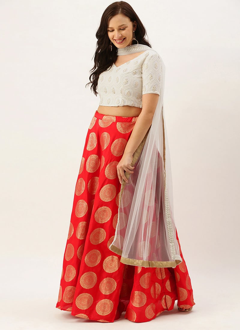 White N Red Embroidered V Neck Lehenga Set