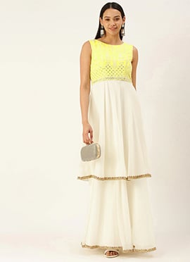 White N Yellow Embroidered Layered Gown