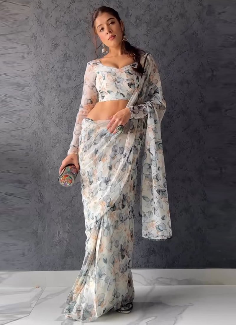 White Organza Digital Print Drape Saree