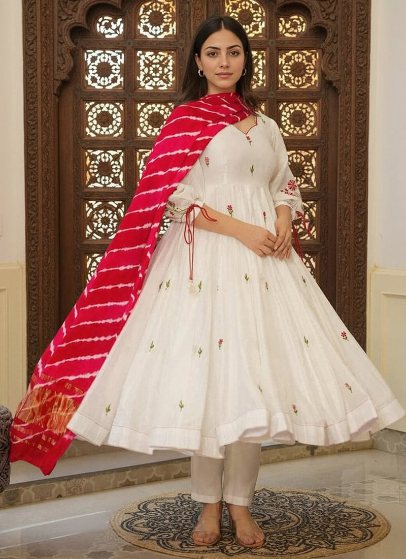 White Organza Embroidered Anarkali Suit With Leheriya Print Dupatta