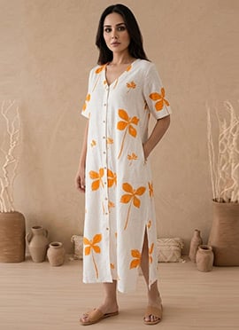 White Printed Cotton Elegant Dress