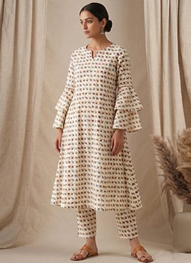 White Printed Cotton Kurta Set