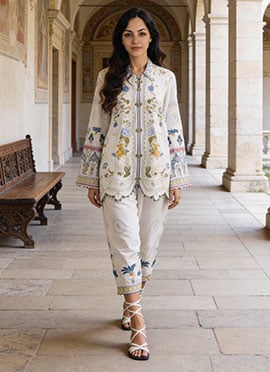 White Rayon Digital Print Indowestern Co ord Set