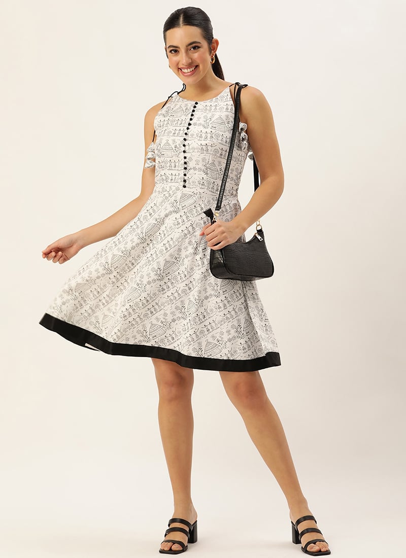 White Rayon Printed Dress