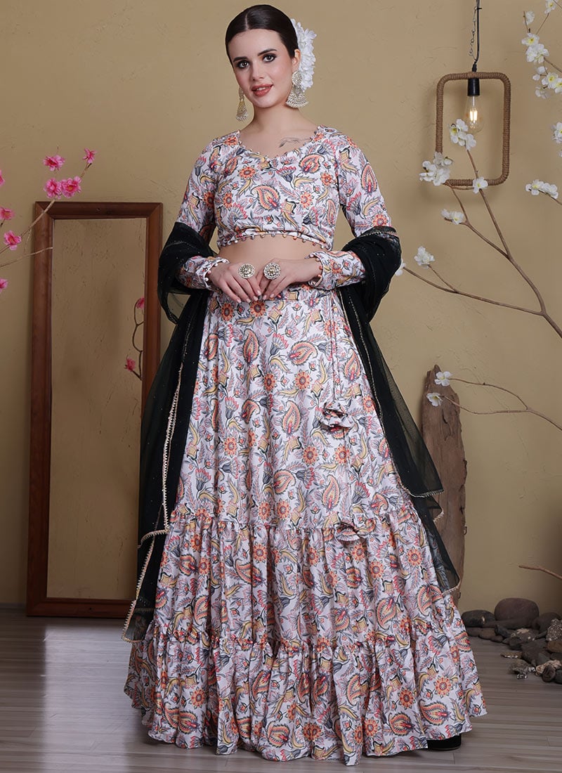 White Satin Digital Print Lehenga Set Festive Wear