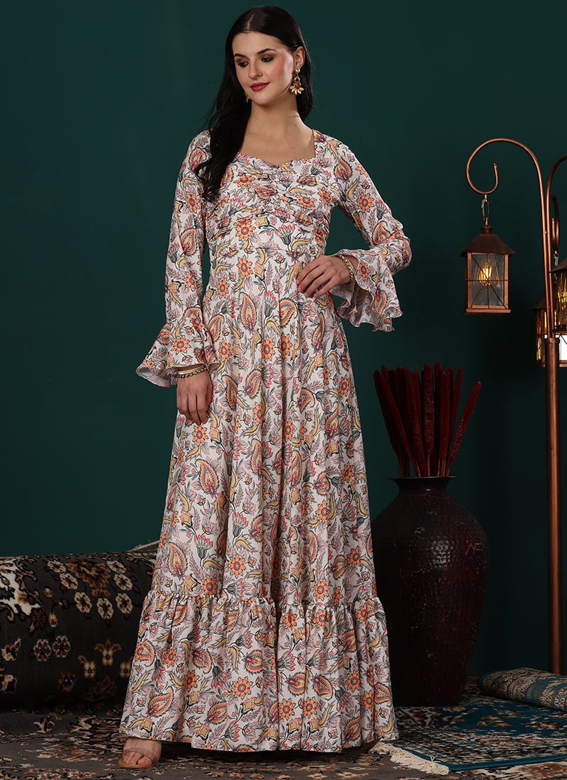 Teen Girls White Satin Digital Printed Gown Festive Wear
