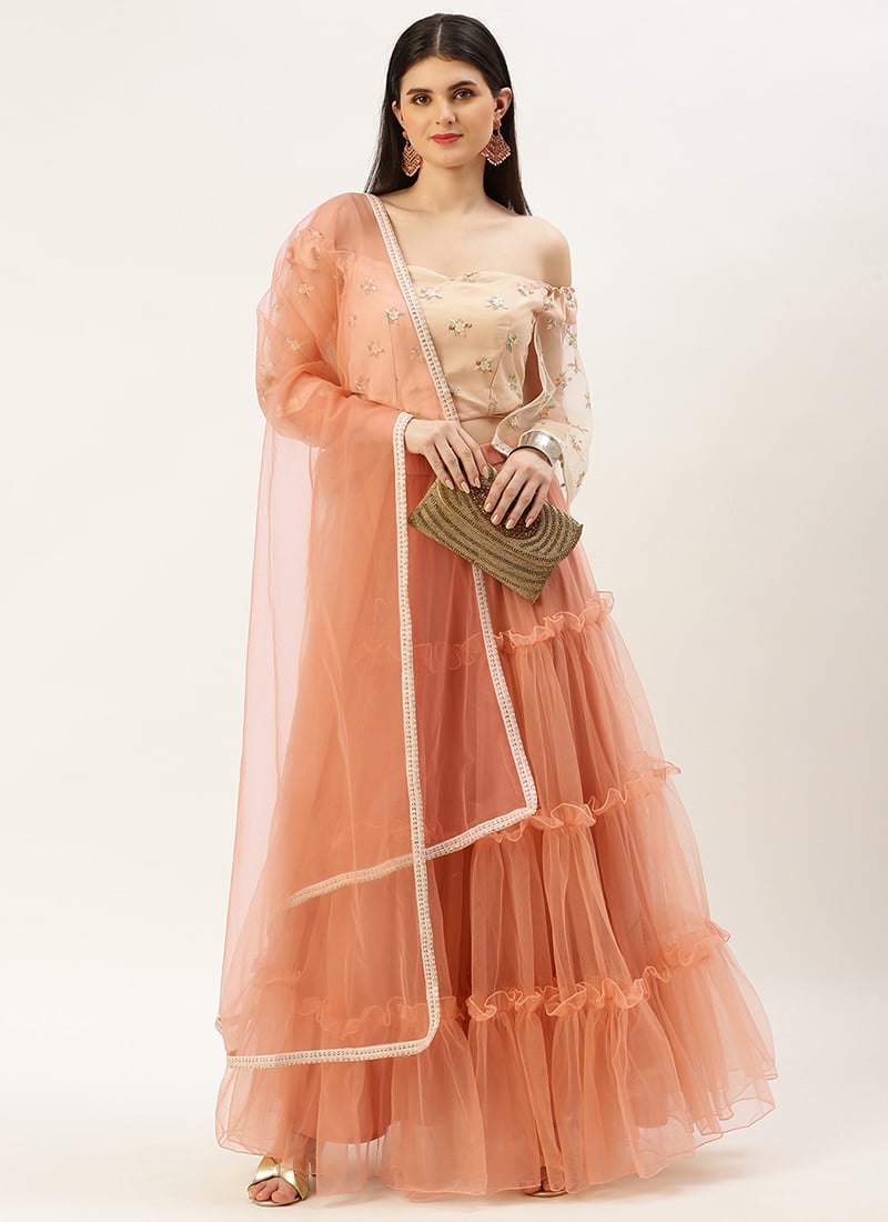 White Sequins N Peach Net Tiered Lehenga