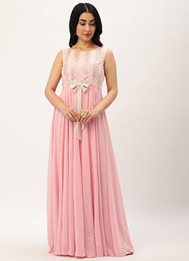 White Sequins N Pink Georgette Flared Gown