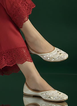 White Sequins With Moti And Mirror Beads Work Juti