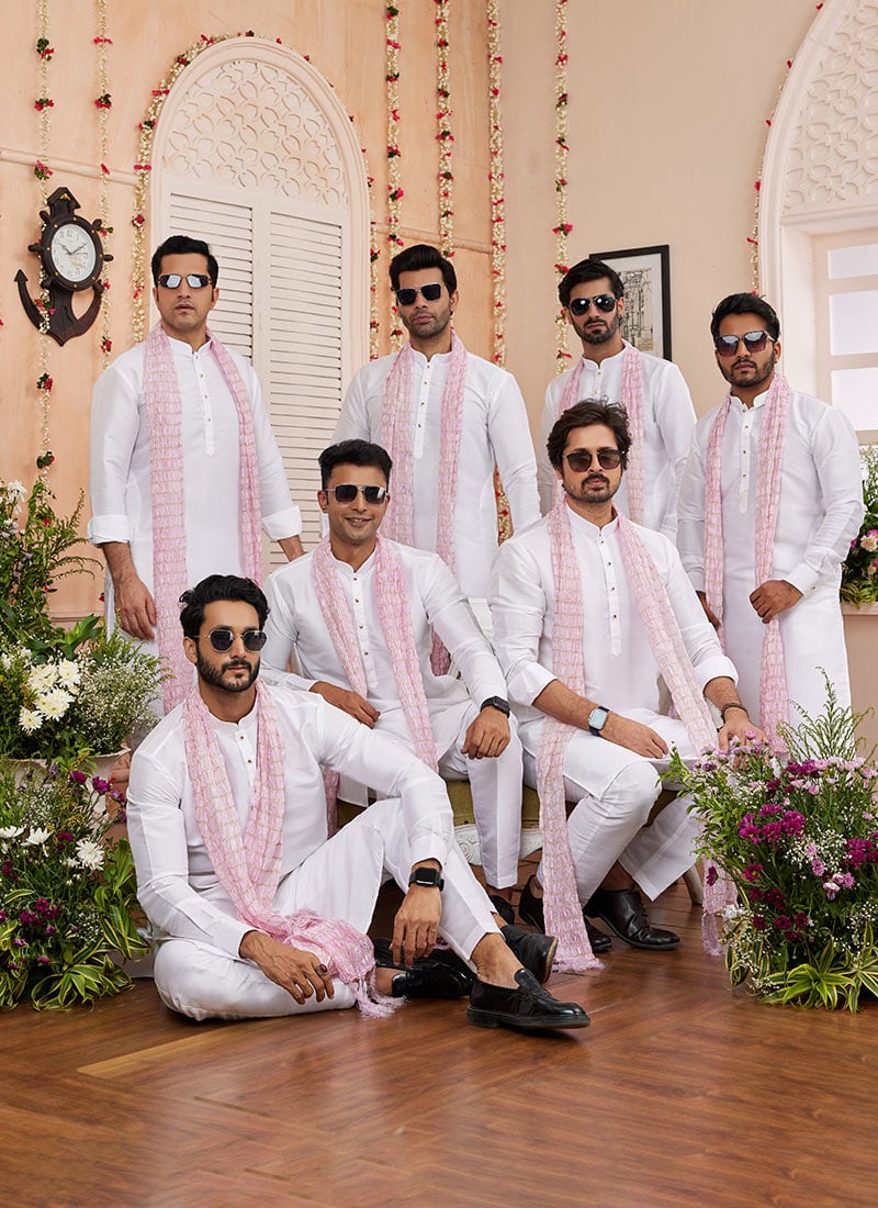 White Silk Kurta Pyjama With Stole For Men Festive Wear