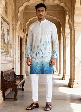 White Silk Printed Embroidered Kurta Pyjama