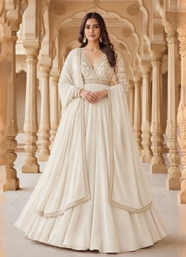 White Silk Zari Sequins Anarkali Suit