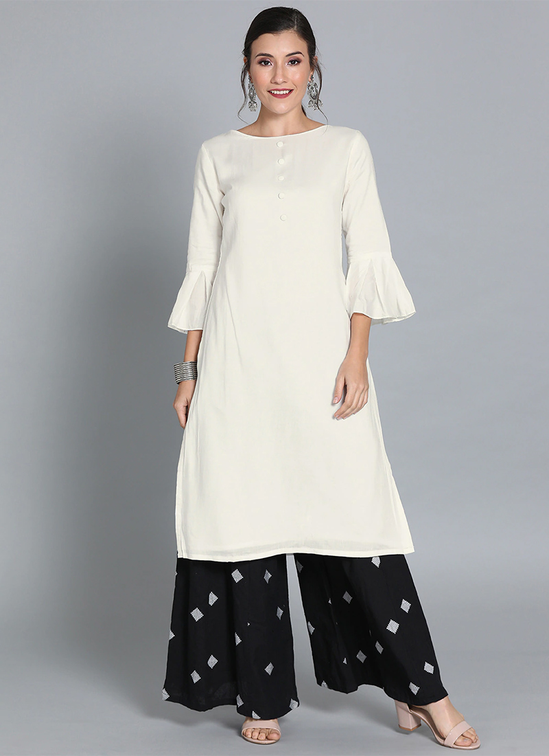 EthnoVogue White TENCEL Boat Neck Kurti 