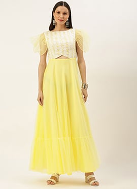 White Viscose Embroidered  N Yellow Boat Neck Gown