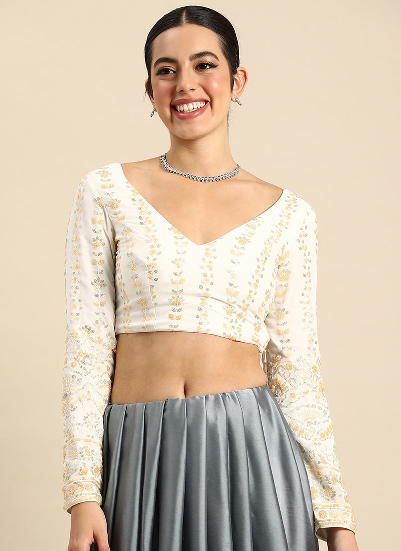 White Viscose Embroidered Blouse Festive Wear