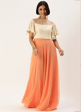 White Viscose N Light Peach Embroidered Gown
