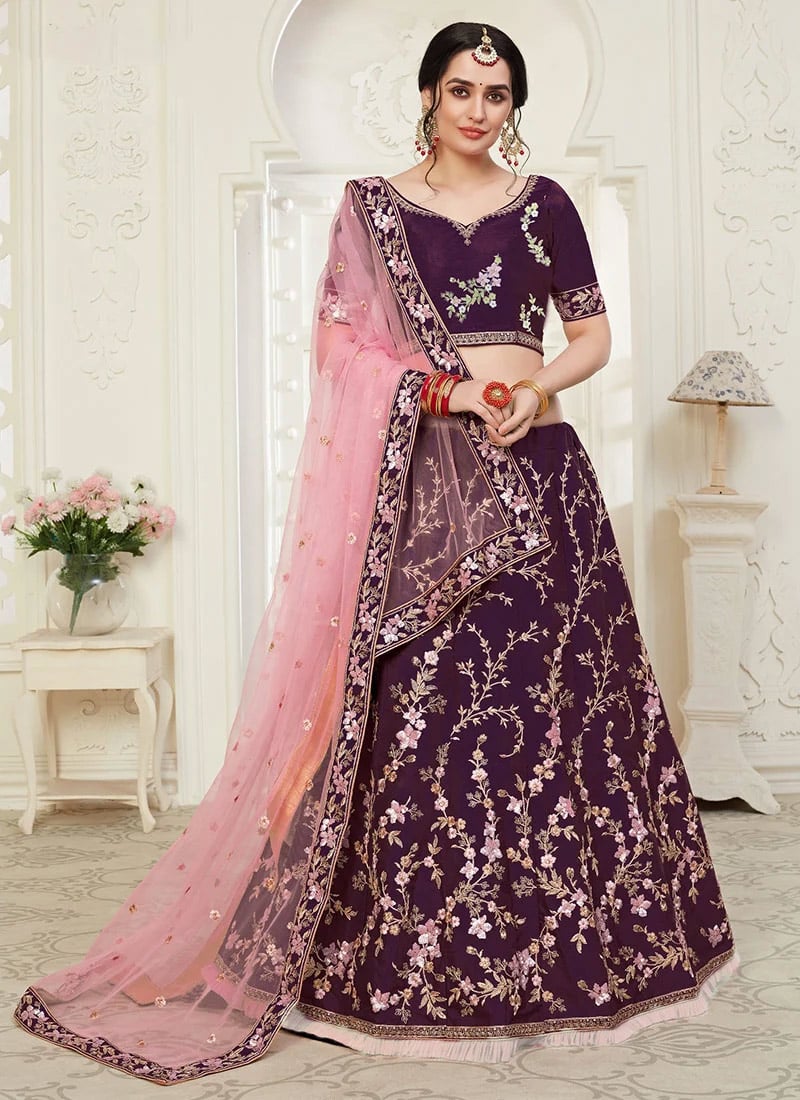 Wine Art Silk Embroidered A Line Lehenga Party Wear