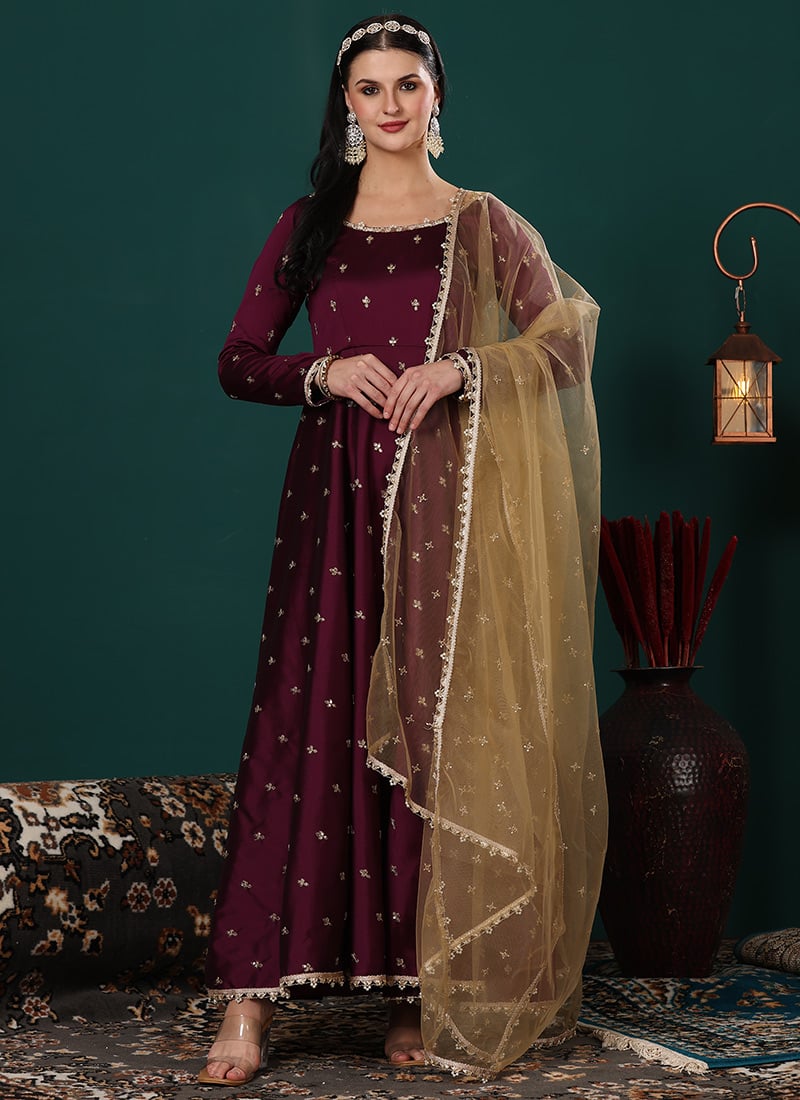 Wine Art Silk Embroidered Anarkali Suit