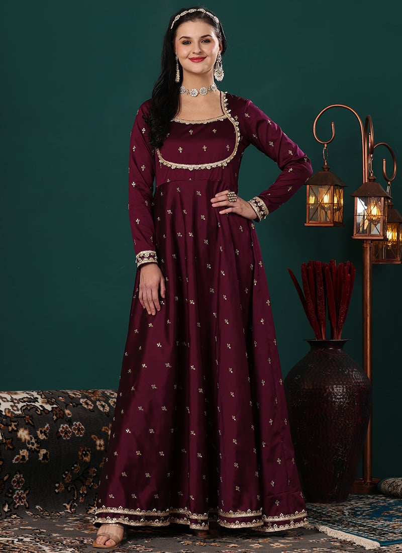 Wine Art Silk Embroidered Gown Festive Wear