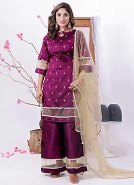 Wine Art Silk Embroidered Palazzo Suit