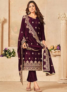 Wine Art Silk Embroidery Straight Pant Suit