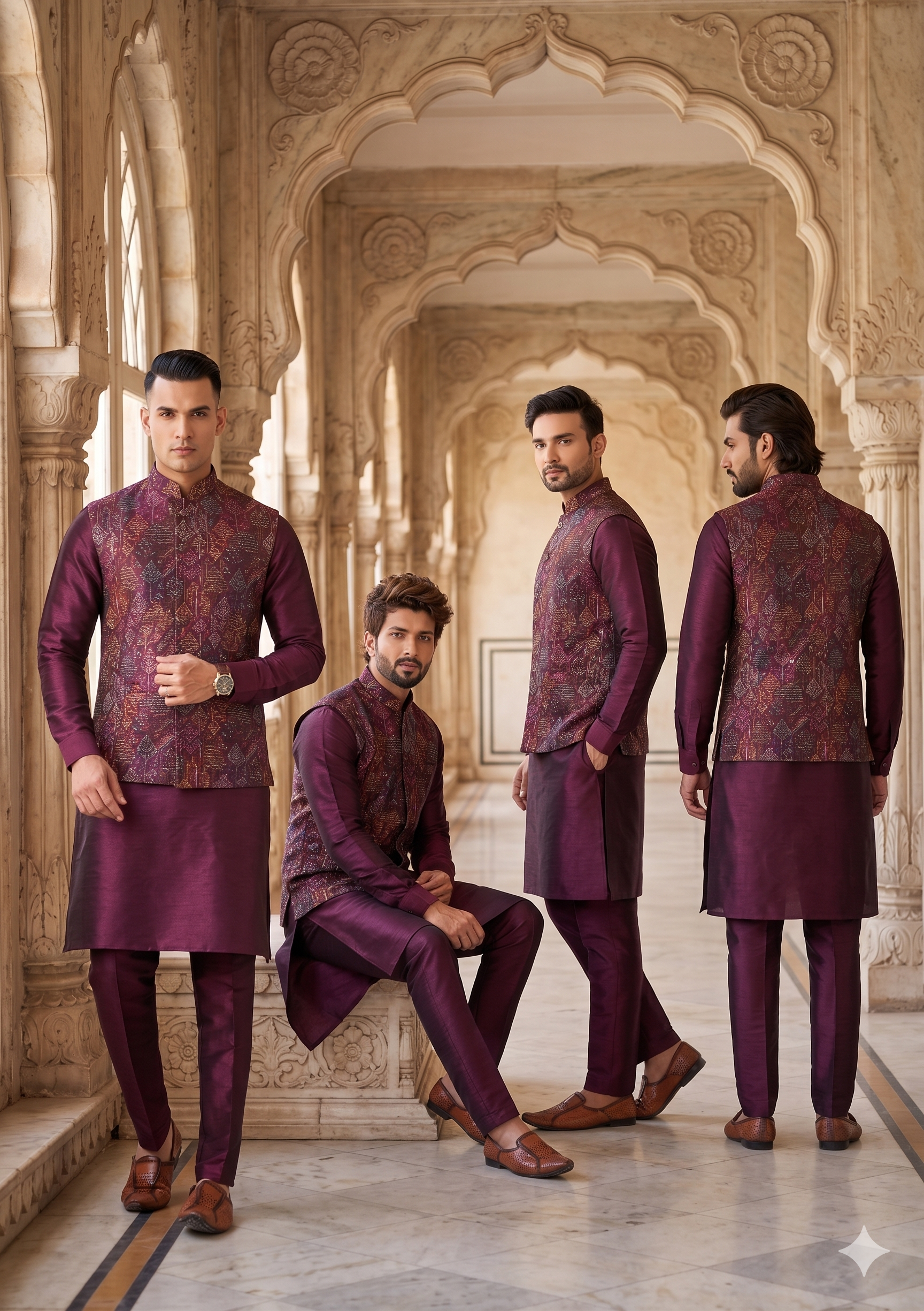 Wine Banarasi Silk Embroidered Sequins Thread Bandi Set Festive Wear
