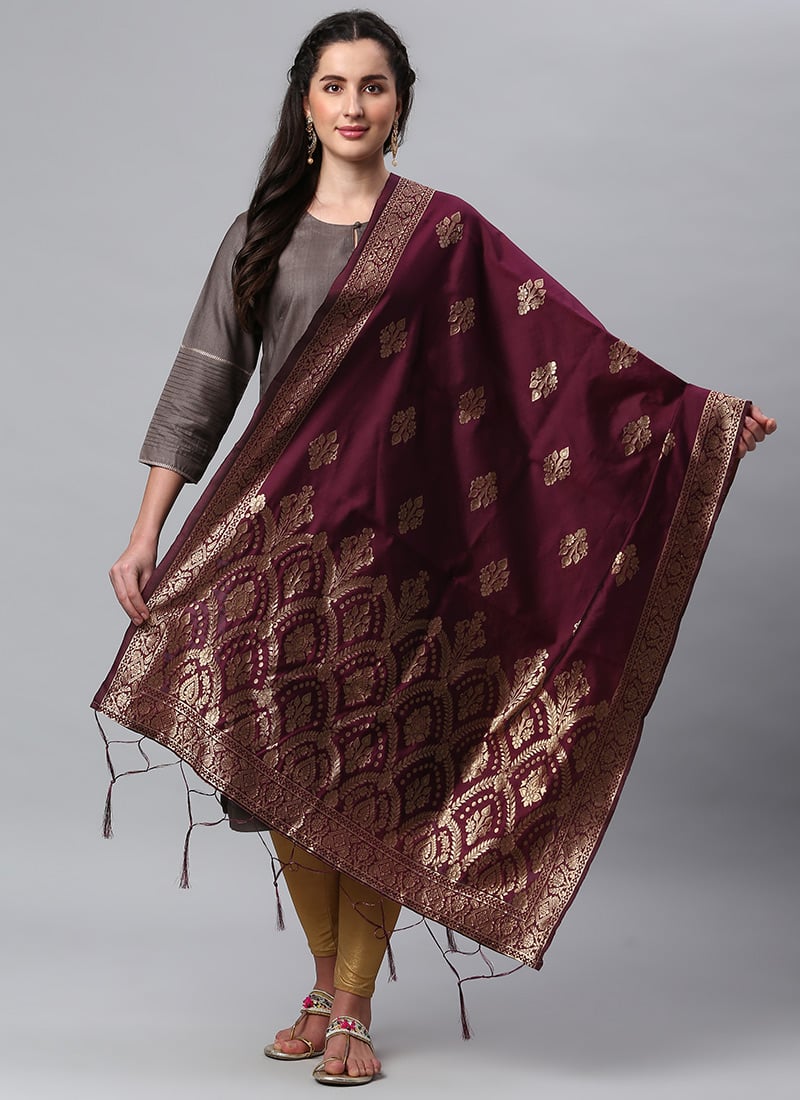 Wine Benarasi Silk Jacquard Woven Dupatta Festive Wear