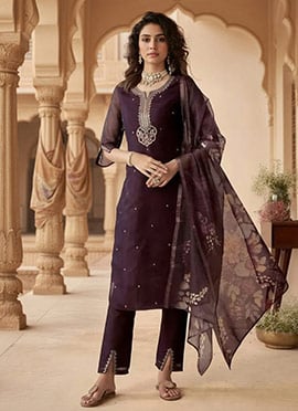 Wine Chanderi Embroidered Straight Pant Suit With Digital Print Dupatta