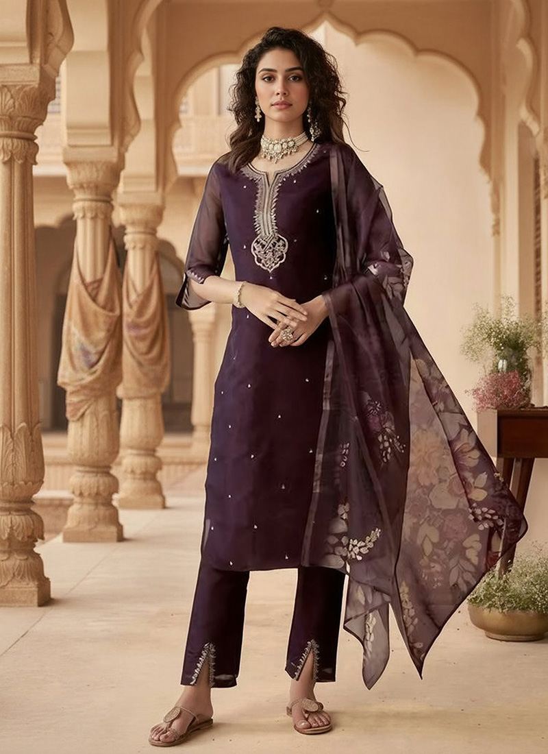 Wine Chanderi Embroidered Straight Pant Suit With Digital Print Dupatta