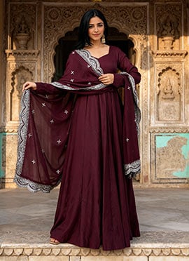 Wine Chanderi Silk Anarkali Suit With Embroidered Sequins Dupatta