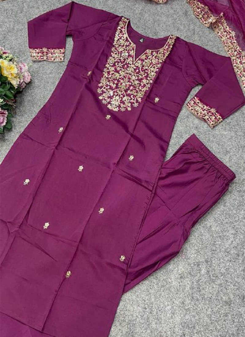 Shop Wine Chanderi Silk Embroidered Sequins Straight Pant Suit Festive ...