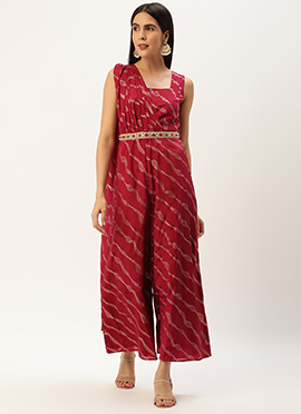Wine Chinon Foil Print Draped Style Jumpsuit