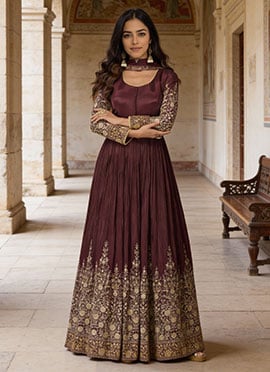 Wine Chinon Silk Zari And Thread Embroidered Sequins Anarkali Suit