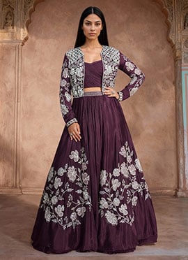Wine Chinon Silk Zari Embroidered Sequins  Indowestern Jacket Lehenga Set