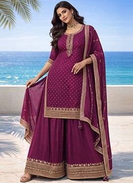 Wine Chinon Zari Embroidered Sequins Palazzo Suit