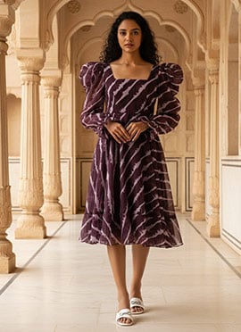 Teen Girls Wine Digital Printed Organza Dress