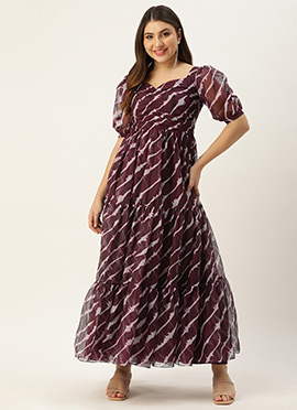 Teen Girls Wine Digital Printed Organza Dress