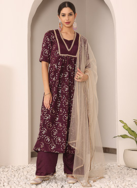 Wine Embroidered Chinon Straight Suit