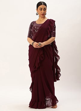 Teen Girls Wine Embroidered Georgette Saree Gown
