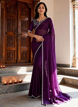 Wine Faux Chiffon Stones Saree  Festive Wear