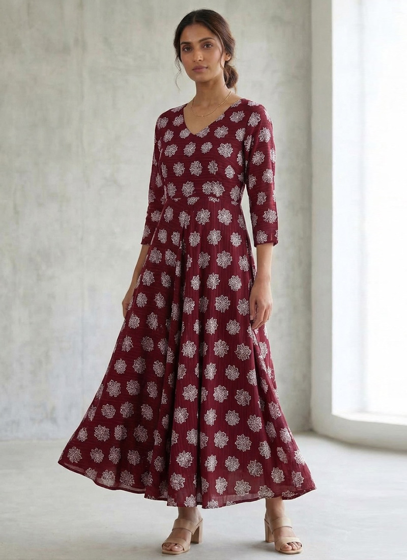 Wine Faux Georgette Printed Maxi Dress After Six Wear