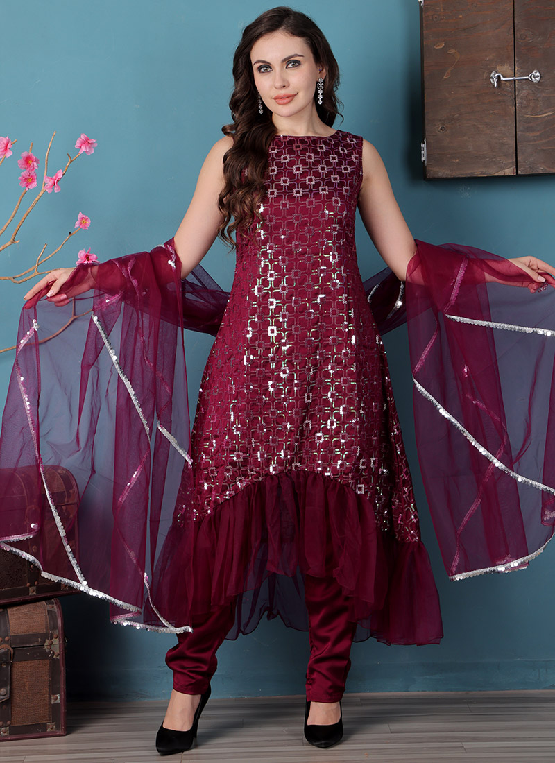 Wine Georgette Asymmetrical Straight Pant Suit Party Wear