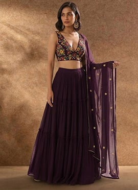 Wine Georgette Beads Stone Sequins Hand Embroidered Lehenga