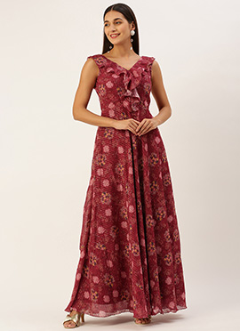 Wine Georgette Digital Print V Neck Gown