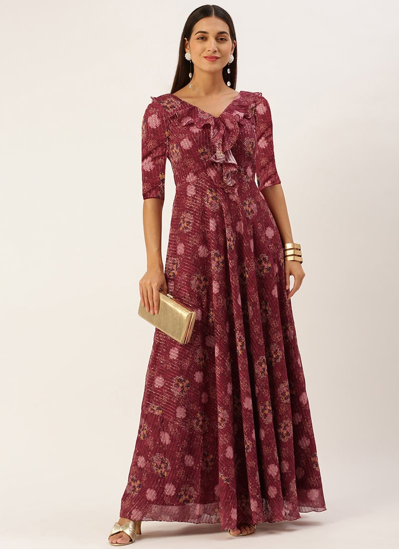 Wine Georgette Digital Print V Neck Gown Party Wear