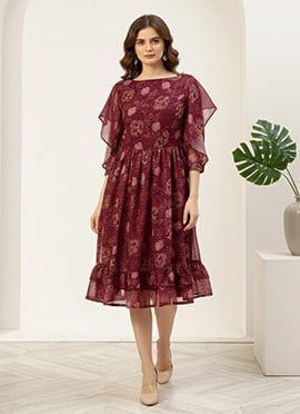 Teen Girls Wine Georgette Digital Printed Dress