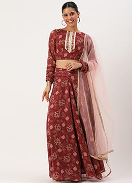 Wine Georgette Digital Printed Lehenga Set